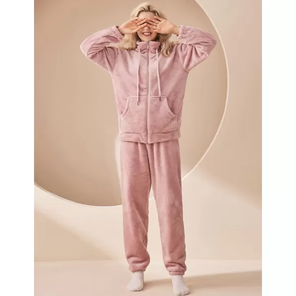 Flygo Womens Winter Fluffy Flannel Zip-up Pajamas Set Fleece Long Sleeve Plush Sleepwear Loungewear