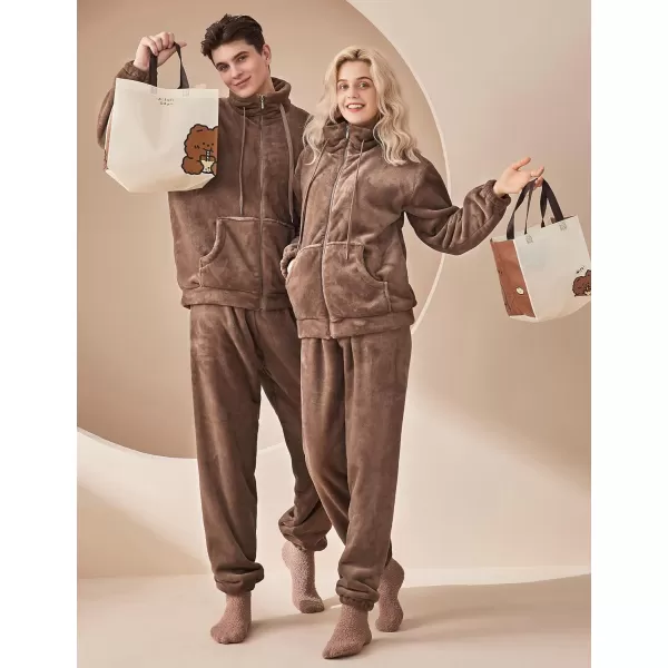 Flygo Womens Winter Fluffy Flannel Zip-up Pajamas Set Fleece Long Sleeve Plush Sleepwear Loungewear