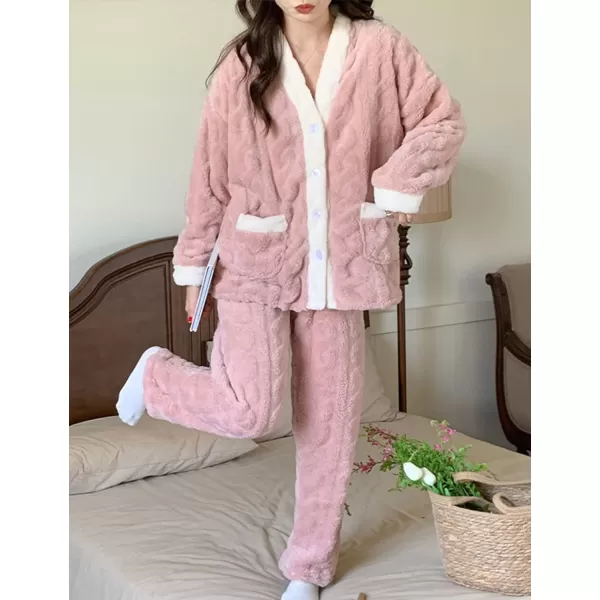 Flygo Women's Winter Fluffy Pajamas Set Fleece Button Tops and Pants Plush Loungewear Sleepwear