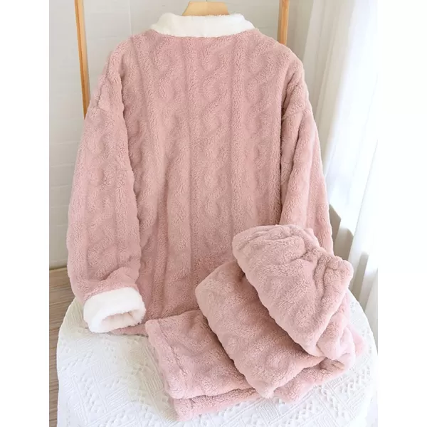 Flygo Women's Winter Fluffy Pajamas Set Fleece Button Tops and Pants Plush Loungewear Sleepwear
