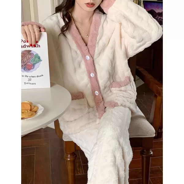 Flygo Women's Winter Fluffy Pajamas Set Fleece Button Tops and Pants Plush Loungewear Sleepwear