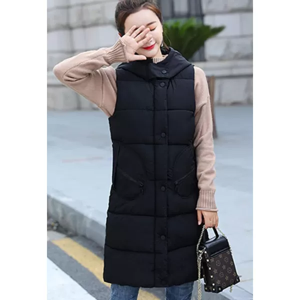 Flygo Women's Winter Hooded Mid Long Quilted Padded Puffer Vest Jacket