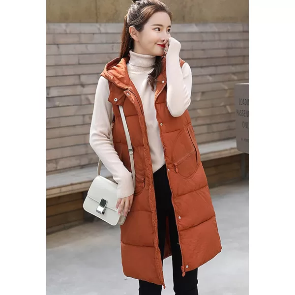 Flygo Women's Winter Hooded Mid Long Quilted Padded Puffer Vest Jacket