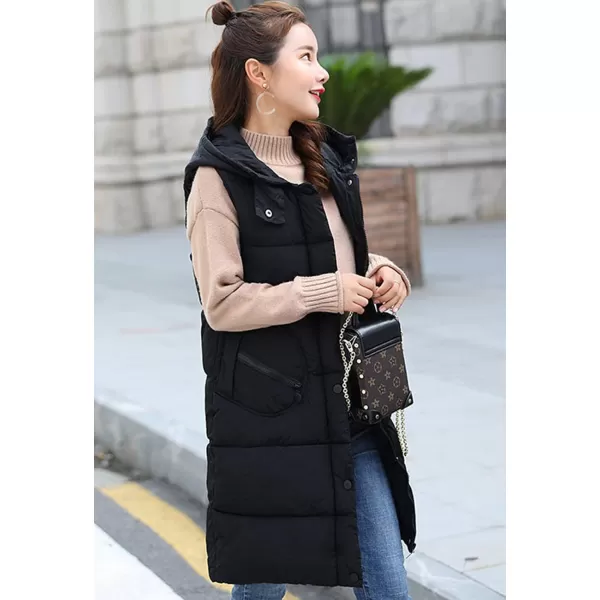 Flygo Women's Winter Hooded Mid Long Quilted Padded Puffer Vest Jacket