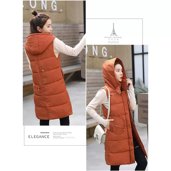 Flygo Women's Winter Hooded Mid Long Quilted Padded Puffer Vest Jacket