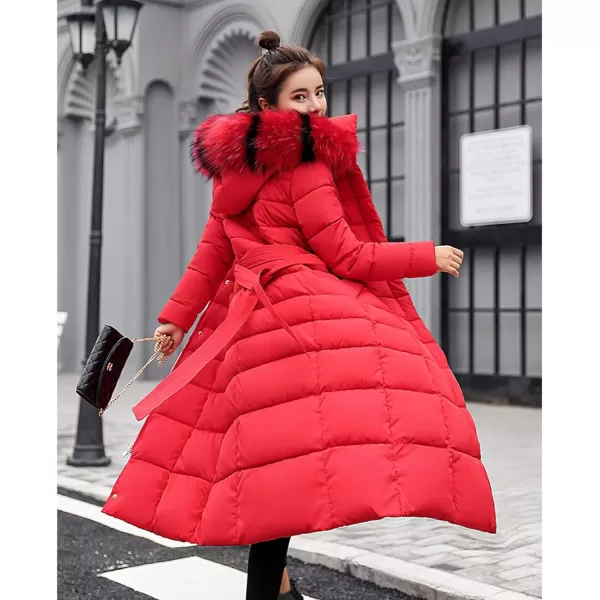 Flygo Womens Winter Warm Faux Fur Hooded Collar Down Coat Qulited Puffer Jacket