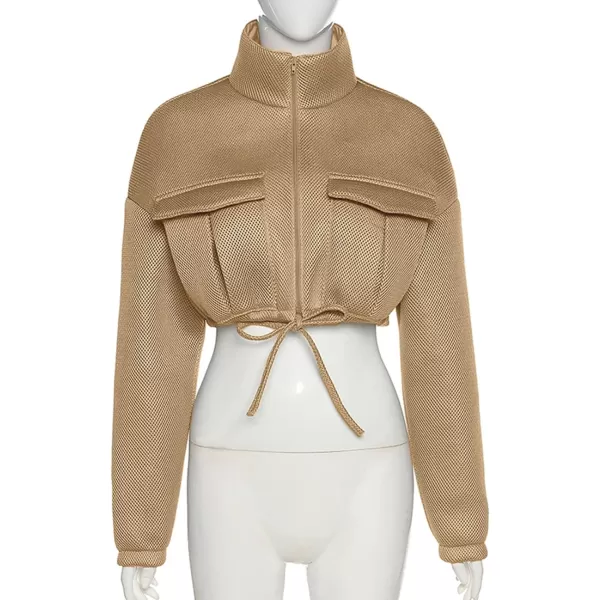 Flygo Womens Zip Up Cropped Jacket Stand Collar Long Sleeve Lightweight Short Bomber Jackets Coat