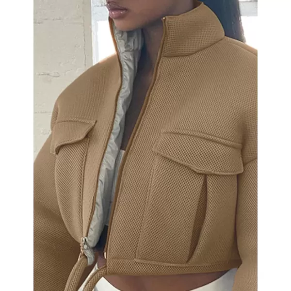 Flygo Womens Zip Up Cropped Jacket Stand Collar Long Sleeve Lightweight Short Bomber Jackets Coat