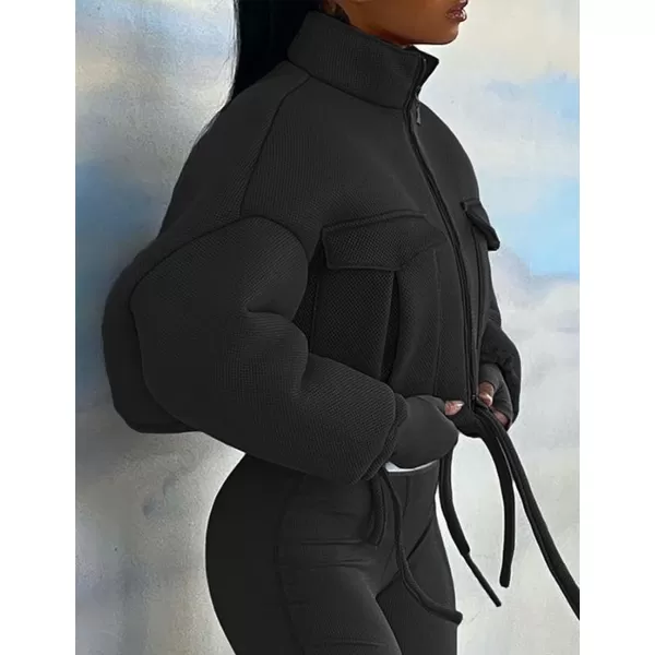 Flygo Womens Zip Up Cropped Jacket Stand Collar Long Sleeve Lightweight Short Bomber Jackets Coat