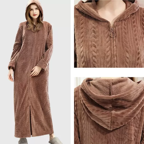 Flygo Women's Zip Up Hooded Bathrobe Long Plush Flannel Fleece Robe Housecoat Sleepwear Dressing Gown