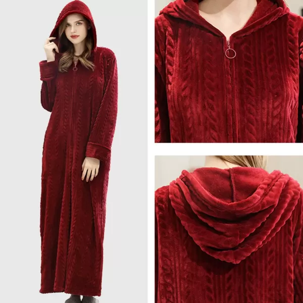 Flygo Women's Zip Up Hooded Bathrobe Long Plush Flannel Fleece Robe Housecoat Sleepwear Dressing Gown