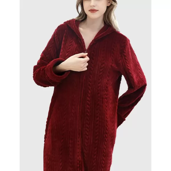 Flygo Women's Zip Up Hooded Bathrobe Long Plush Flannel Fleece Robe Housecoat Sleepwear Dressing Gown