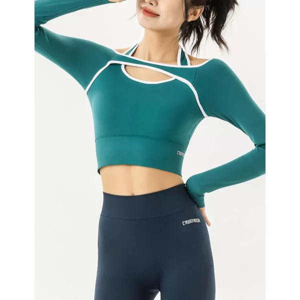 Flygo Yoga Shirts with Built in Bra Cutout Padded Crop Tops Long Sleeve Gym T Shirt for Women Workout