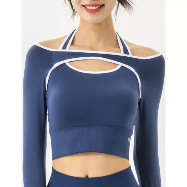 Flygo Yoga Shirts with Built in Bra Cutout Padded Crop Tops Long Sleeve Gym T Shirt for Women Workout