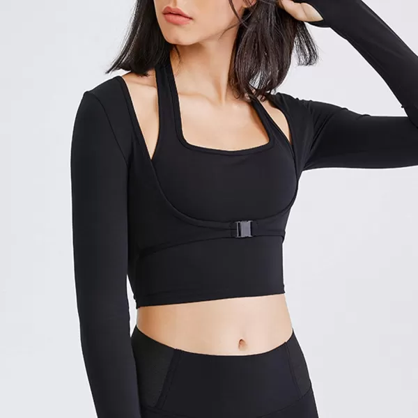 Flygo Yoga Shirts with Built in Bra Cutout Padded Crop Tops Long Sleeve Gym T Shirt for Women Workout