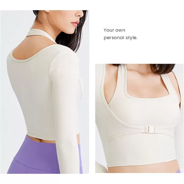 Flygo Yoga Shirts with Built in Bra Cutout Padded Crop Tops Long Sleeve Gym T Shirt for Women Workout