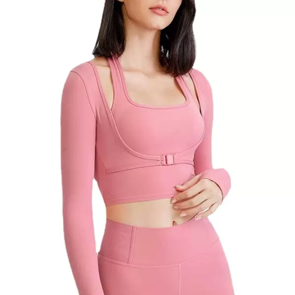 Flygo Yoga Shirts with Built in Bra Cutout Padded Crop Tops Long Sleeve Gym T Shirt for Women Workout