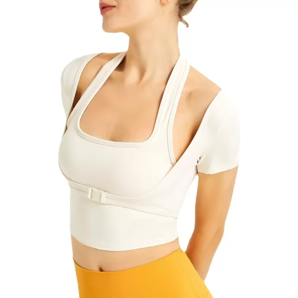 Flygo Yoga Shirts with Built in Bra Cutout Padded Crop Tops Long Sleeve Gym T Shirt for Women Workout