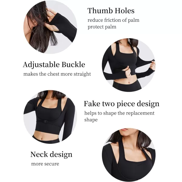 Flygo Yoga Shirts with Built in Bra Cutout Padded Crop Tops Long Sleeve Gym T Shirt for Women Workout