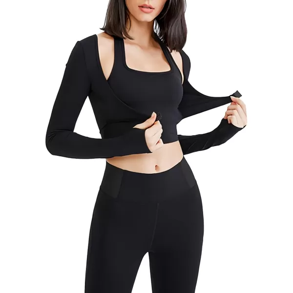 Flygo Yoga Shirts with Built in Bra Cutout Padded Crop Tops Long Sleeve Gym T Shirt for Women Workout