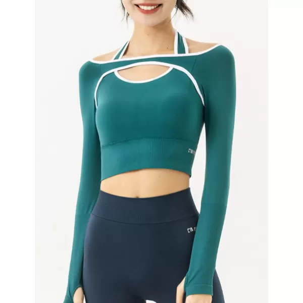 Flygo Yoga Shirts with Built in Bra Cutout Padded Crop Tops Long Sleeve Gym T Shirt for Women Workout