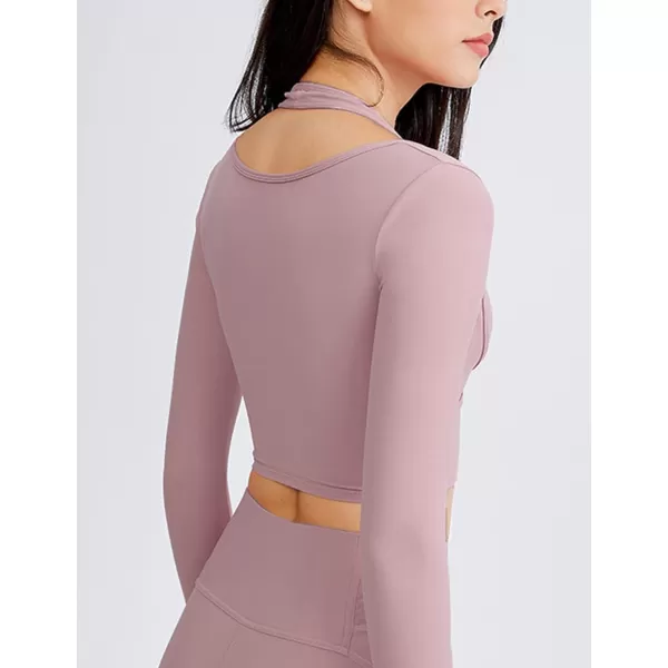 Flygo Yoga Shirts with Built in Bra Cutout Padded Crop Tops Long Sleeve Gym T Shirt for Women Workout