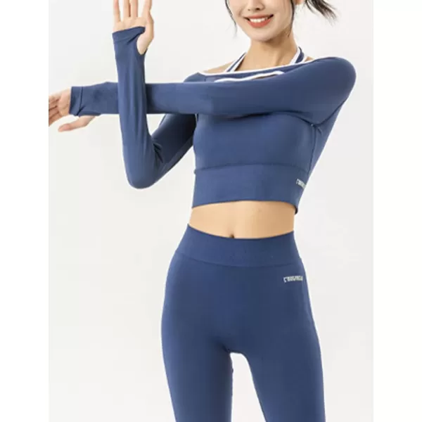 Flygo Yoga Shirts with Built in Bra Cutout Padded Crop Tops Long Sleeve Gym T Shirt for Women Workout