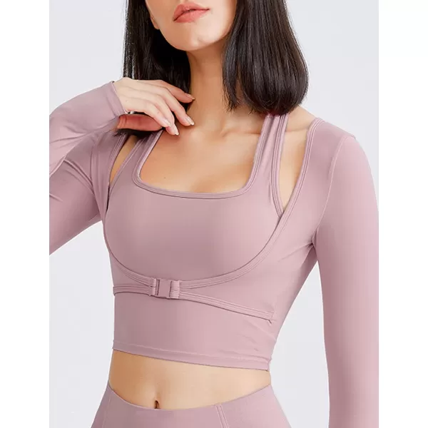Flygo Yoga Shirts with Built in Bra Cutout Padded Crop Tops Long Sleeve Gym T Shirt for Women Workout