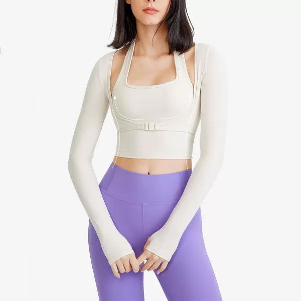 Flygo Yoga Shirts with Built in Bra Cutout Padded Crop Tops Long Sleeve Gym T Shirt for Women Workout