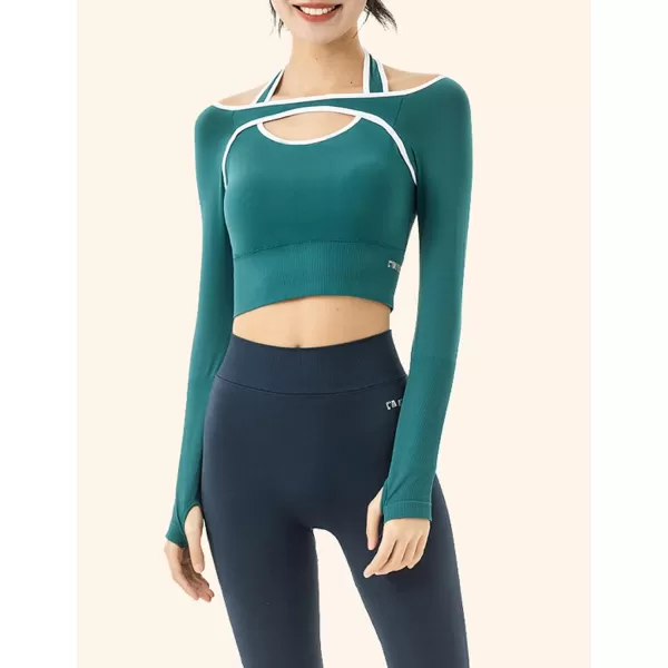 Flygo Yoga Shirts with Built in Bra Cutout Padded Crop Tops Long Sleeve Gym T Shirt for Women Workout