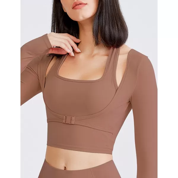 Flygo Yoga Shirts with Built in Bra Cutout Padded Crop Tops Long Sleeve Gym T Shirt for Women Workout