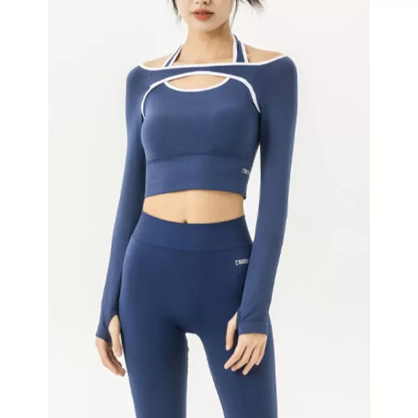 Flygo Yoga Shirts with Built in Bra Cutout Padded Crop Tops Long Sleeve Gym T Shirt for Women Workout