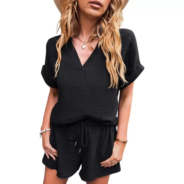 Flygo 2 Piece Outfits for Women Cotton Linen V Neck Short Sleeve Shirt Shorts Lounge Set with Pockets