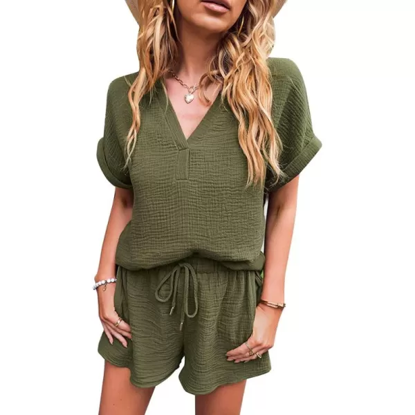 Flygo 2 Piece Outfits for Women Cotton Linen V Neck Short Sleeve Shirt Shorts Lounge Set with Pockets