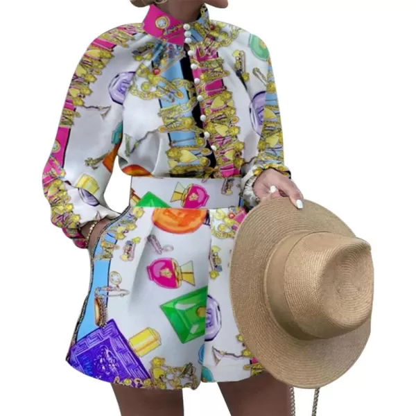 Flygo 2 piece Shirt and Shorts Sets Button Blouse Printing Loose Cotton Linen Elastic Waist Lounge Set Outfits