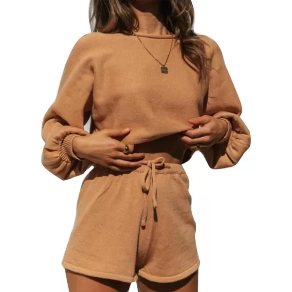 Flygo Lougewear for Women 2 Piece Knitted Jogging Suits Long Sleeve Pajamas shorts Sweatsuit Sets