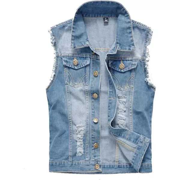 Flygo Men's Button Down Distressed Denim Vest Ripped Trucker Jean Outwear