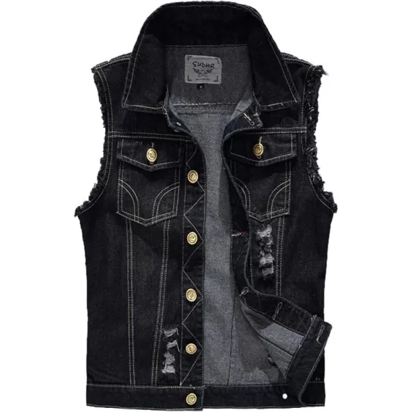 Flygo Men's Button Down Distressed Denim Vest Ripped Trucker Jean Outwear