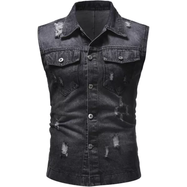 Flygo Mens Button Down Ripped Denim Vest Sleeveless Jean Trucker Jacket