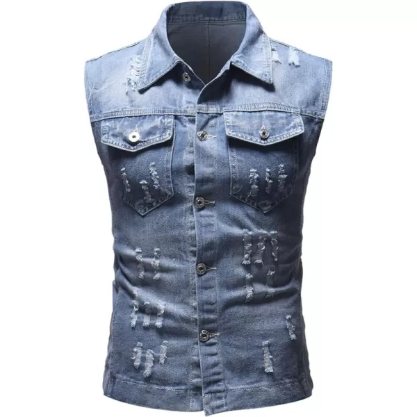 Flygo Mens Button Down Ripped Denim Vest Sleeveless Jean Trucker Jacket