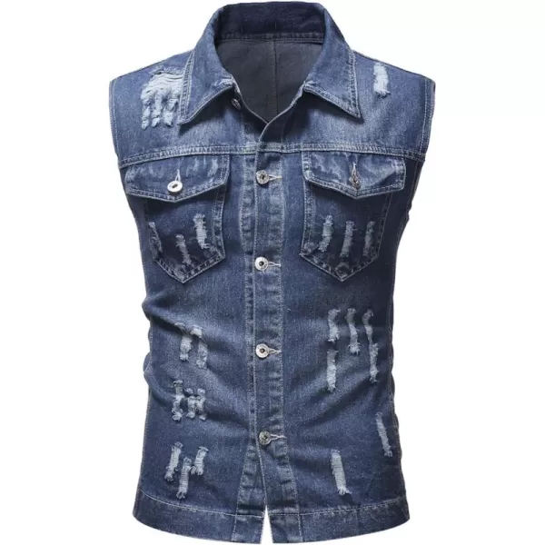 Flygo Mens Button Down Ripped Denim Vest Sleeveless Jean Trucker Jacket