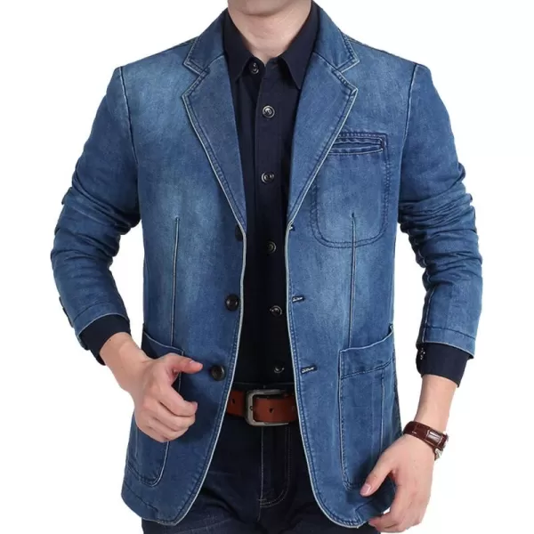 Flygo Men's Casual 3 Buttons Denim Blazer Slim Lapel Washed Denim Suit Jacket