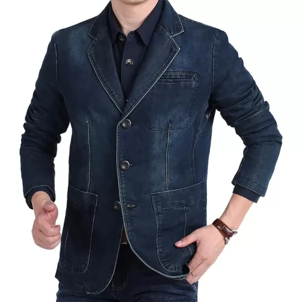 Flygo Men's Casual 3 Buttons Denim Blazer Slim Lapel Washed Denim Suit Jacket