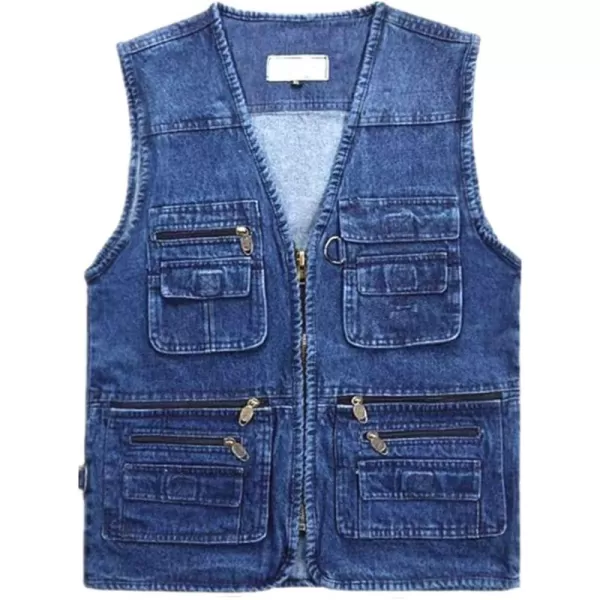 Flygo Men's Casual Outdoor Washed Denim Multi-Pockets Work Travel Safari Fishing Vest Outwear