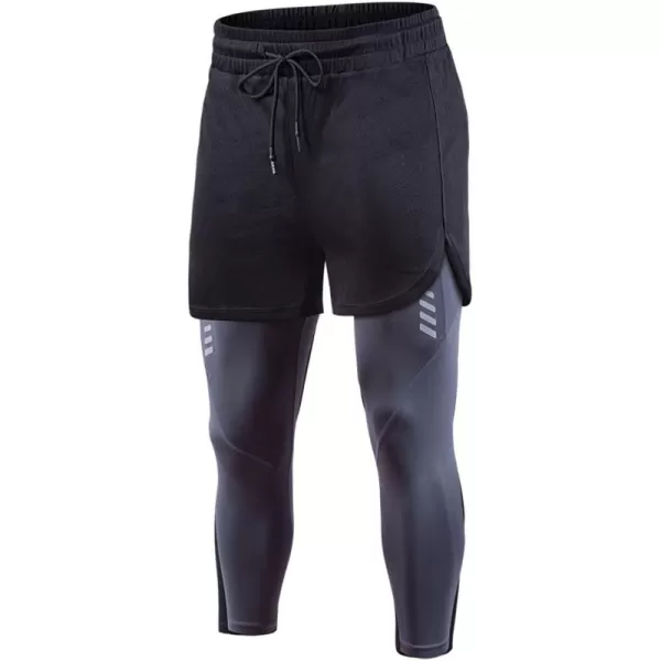 Flygo Men's Casual Sports Fake Two Piece Quick Dry Tights Running Active Leggings Pants
