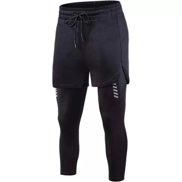 Flygo Men's Casual Sports Fake Two Piece Quick Dry Tights Running Active Leggings Pants