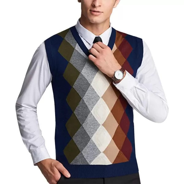 Flygo Men's Casual V-Neck Argyle Knitted Pullover Sweater Vest Knitwear Waistcoat