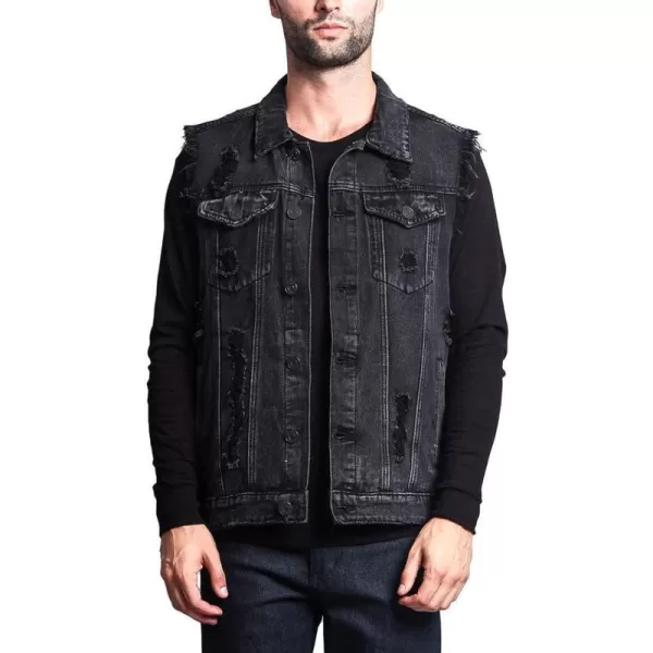 Flygo Mens Classic Button Down Ripped Denim Jean Vest Sleeveless Jacket