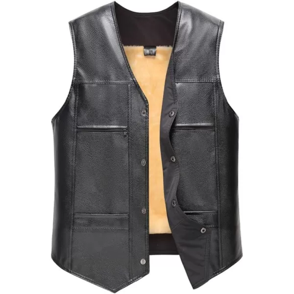 Flygo Men's Classic PU Leather Vest Fleece Sherpa Lined Waistcoat Sleeveless Button Down V Neck Jacket