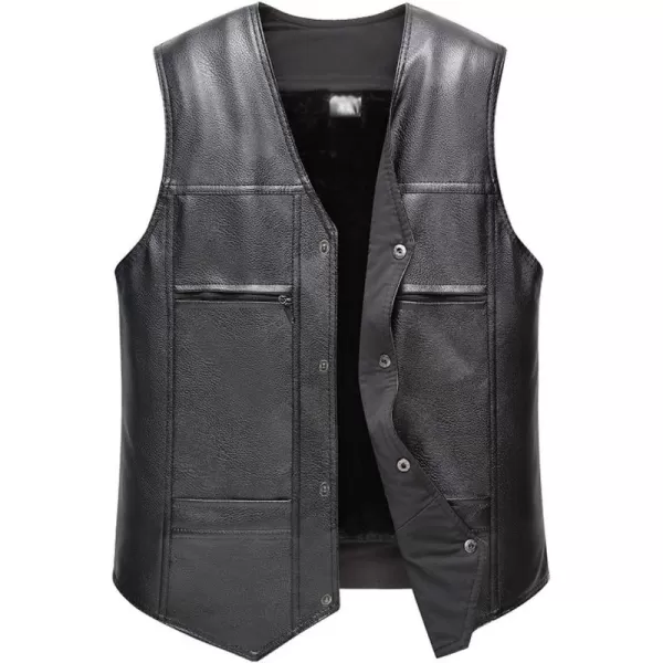 Flygo Men's Classic PU Leather Vest Fleece Sherpa Lined Waistcoat Sleeveless Button Down V Neck Jacket